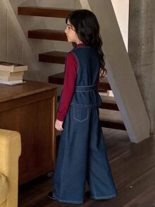 Dazy Kids Set denim 2 món cho bé gái tween gồm áo sơ mi denim cổ tròn dáng casual và quần ống đứng, mùa thu - Rửa tối - Xem 10