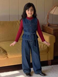 Dazy Kids Set denim 2 món cho bé gái tween gồm áo sơ mi denim cổ tròn dáng casual và quần ống đứng, mùa thu - Rửa tối - Xem 8