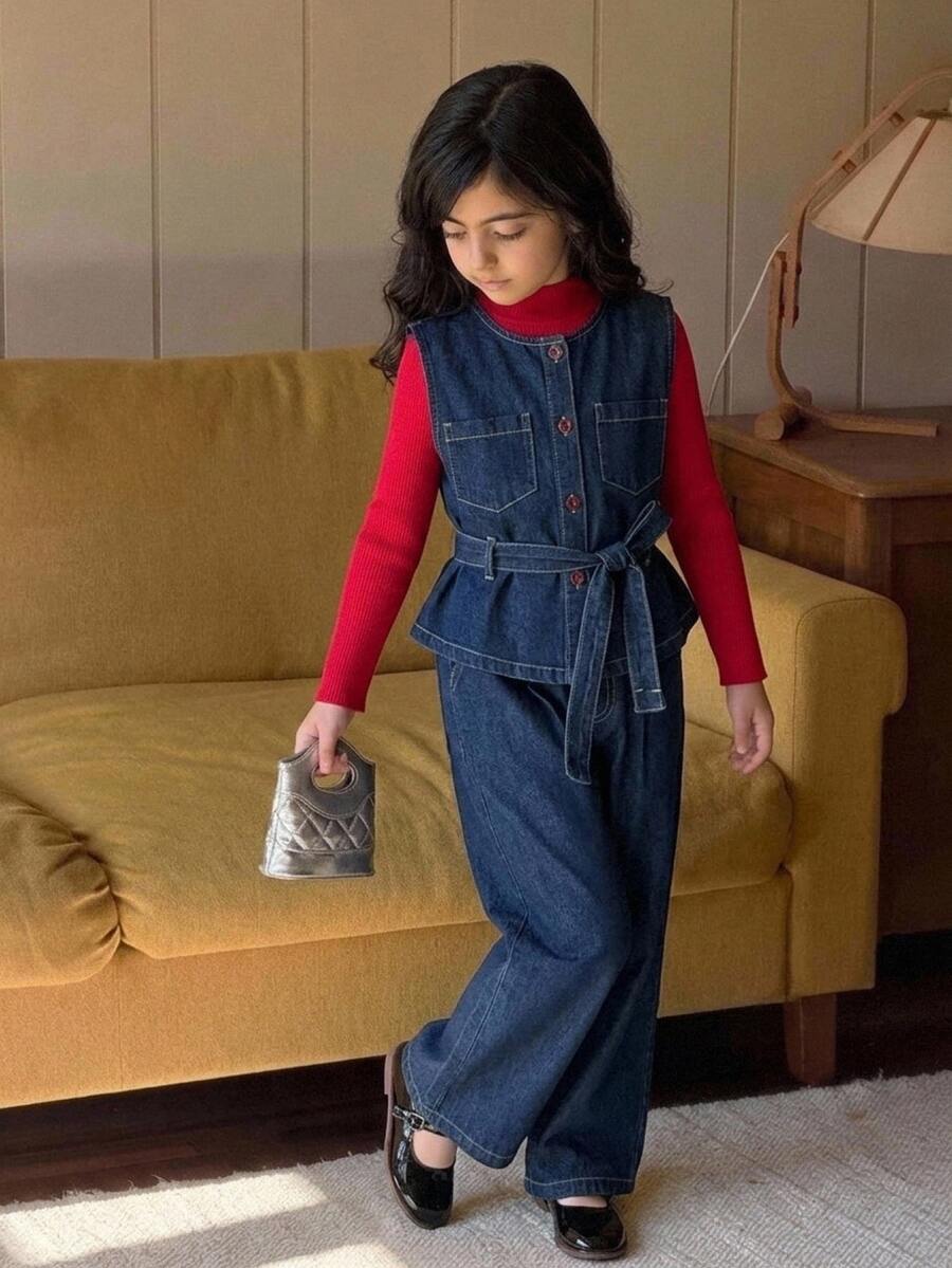 Dazy Kids Tween Girl) Round Neck Casual Denim Shirt Top + Straight Leg Pants Two Pieces Denim Set Fall - Dark Wash - View 1