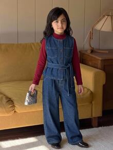 Dazy Kids Set denim 2 món cho bé gái tween gồm áo sơ mi denim cổ tròn dáng casual và quần ống đứng, mùa thu - Rửa tối - Xem 7