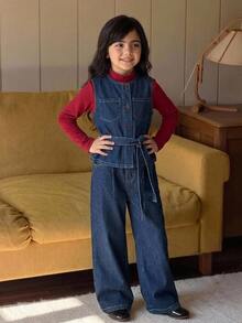 Dazy Kids Set denim 2 món cho bé gái tween gồm áo sơ mi denim cổ tròn dáng casual và quần ống đứng, mùa thu - Rửa tối - Xem 12