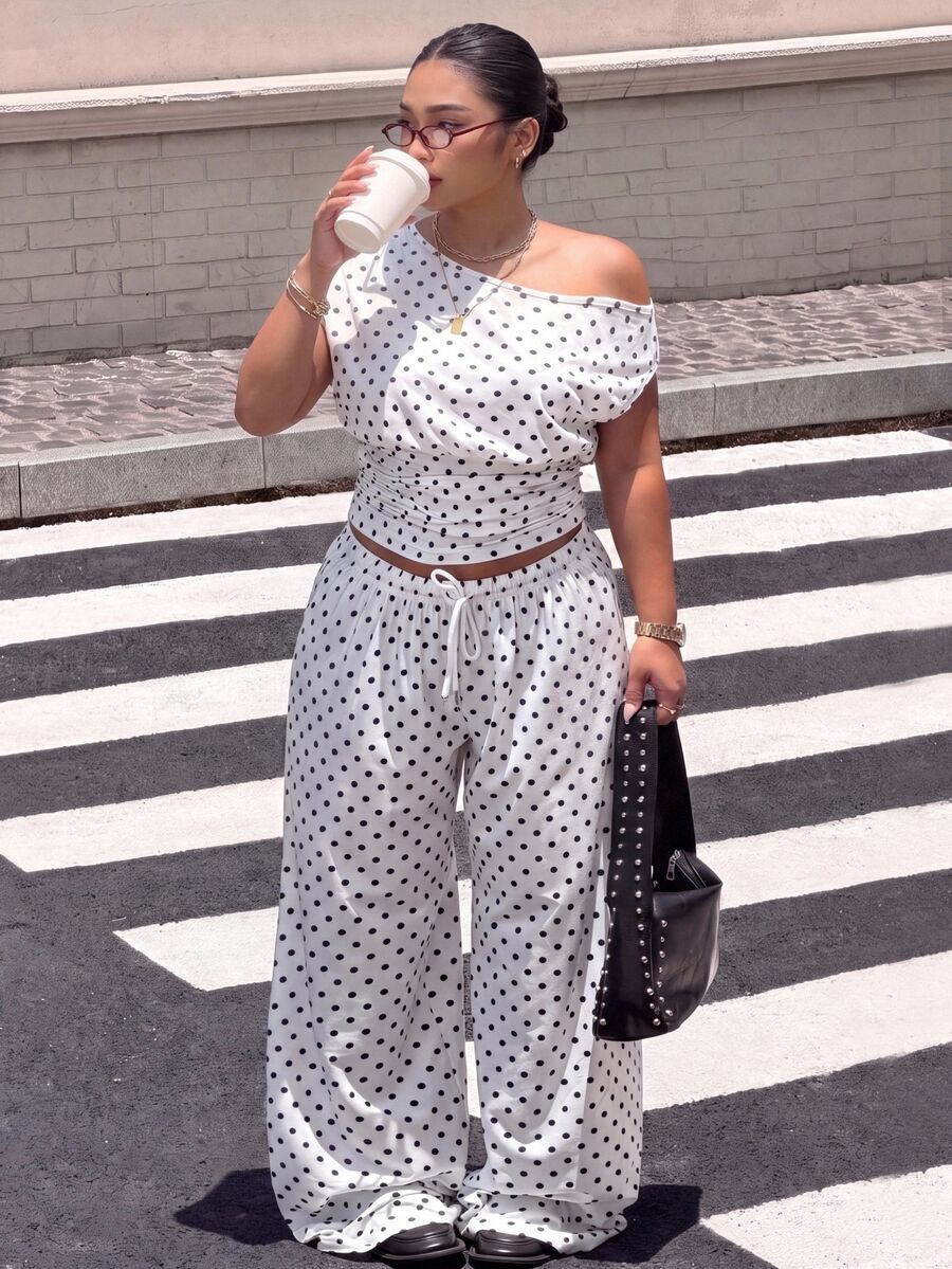 Muchica Plus Size Asymmetric Shoulder White Print Top Drawstring Waist ...