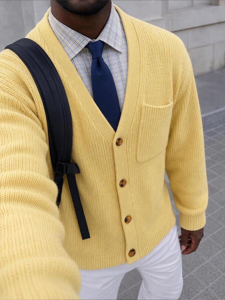 Mainfolk Men's Minimalist Loose Knit Cardigan - Yellow - View 1