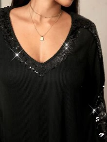 SHEIN LUNE Plus Size Women Luxury Beaded Versatile Top - Black - View 2