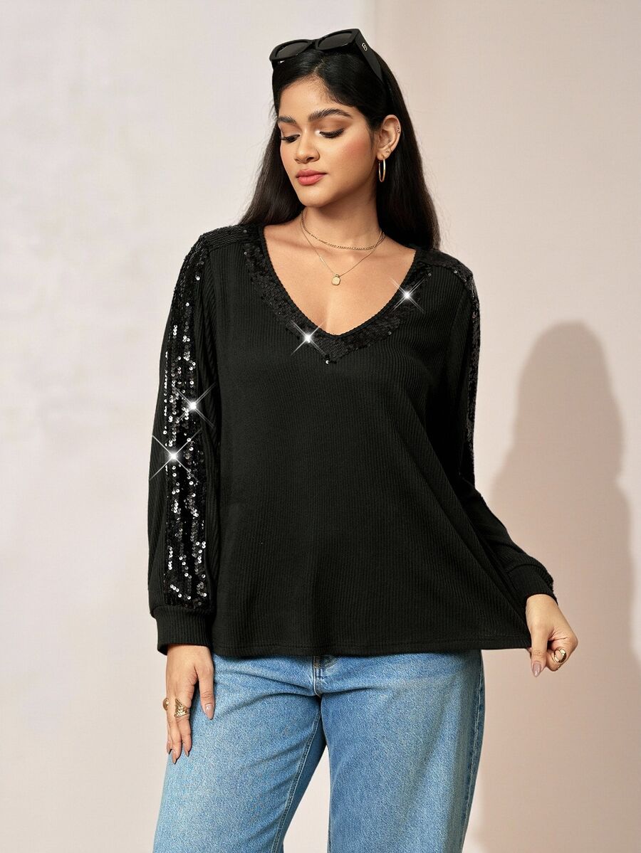 SHEIN LUNE Plus Size Women Luxury Beaded Versatile Top - Black - View 1