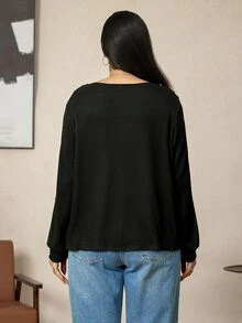 SHEIN LUNE Plus Size Women Luxury Beaded Versatile Top - Black - View 7