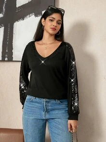 SHEIN LUNE Plus Size Women Luxury Beaded Versatile Top - Black - View 6