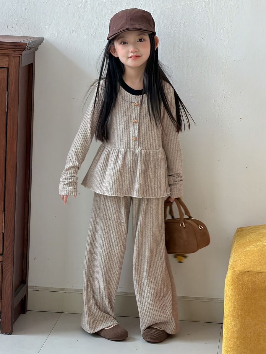 Dazy Kids 青少年女孩對比色百褶長袖衛衣與長褲休閒日常套裝連帽衫秋季 - 淺灰色 - 查看 1