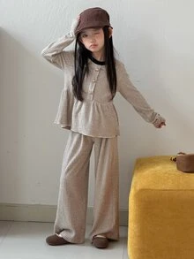 Dazy Kids 青少年女孩對比色百褶長袖衛衣與長褲休閒日常套裝連帽衫秋季 - 淺灰色 - 查看 6
