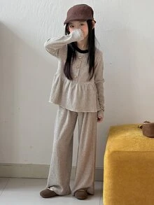Dazy Kids 青少年女孩對比色百褶長袖衛衣與長褲休閒日常套裝連帽衫秋季 - 淺灰色 - 查看 2