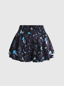 ROMWE Fairycore Dark Hippie Vacation Style Floral Print Plus Size Women's Ruffle Hem A-Line Skort With Elastic Waistband - Blue - View 2