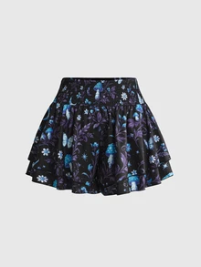 ROMWE Fairycore Dark Hippie Vacation Style Floral Print Plus Size Women's Ruffle Hem A-Line Skort With Elastic Waistband - Blue - View 1