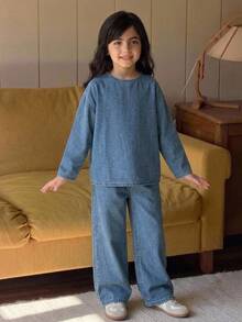 Dazy Kids Tween Girl Round Neck Long Sleeve Top And Long Pants Casual Daily Denim Set Fall - Light Wash - View 11