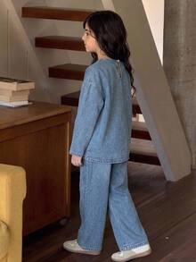 Dazy Kids Tween Girl Round Neck Long Sleeve Top And Long Pants Casual Daily Denim Set Fall - Light Wash - View 8