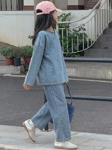 Dazy Kids Tween Girl Round Neck Long Sleeve Top And Long Pants Casual Daily Denim Set Fall - Light Wash - View 2