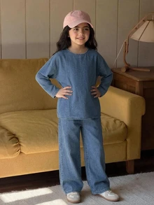Dazy Kids Tween Girl Round Neck Long Sleeve Top And Long Pants Casual Daily Denim Set Fall - Light Wash - View 10
