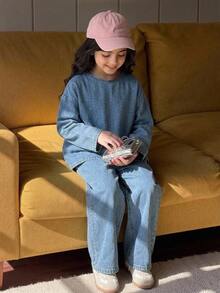 Dazy Kids Tween Girl Round Neck Long Sleeve Top And Long Pants Casual Daily Denim Set Fall - Light Wash - View 12