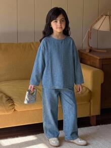 Dazy Kids Tween Girl Round Neck Long Sleeve Top And Long Pants Casual Daily Denim Set Fall - Light Wash - View 13