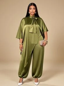 KIORVELLA Plus Size Elegant Asymmetrical Hem Top And Loose Satin Long Pants 2 Pieces Set Formal Party Olive Green Fall - Olive Green - View 4