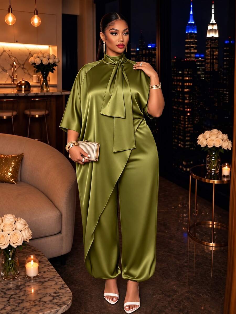 KIORVELLA Plus Size Elegant Asymmetrical Hem Top And Loose Satin Long Pants 2 Pieces Set Formal Party Olive Green Fall - Olive Green - View 1