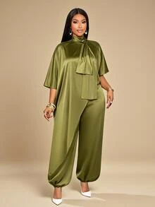 KIORVELLA Plus Size Elegant Asymmetrical Hem Top And Loose Satin Long Pants 2 Pieces Set Formal Party Olive Green Fall - Olive Green - View 2