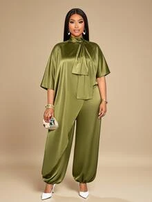 KIORVELLA Plus Size Elegant Asymmetrical Hem Top And Loose Satin Long Pants 2 Pieces Set Formal Party Olive Green Fall - Olive Green - View 3