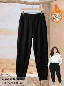 Rusticease Plus Size Black Pocket Leggings Casual Baggy Streetwear Fall Winter 2026 Home Beach - Black - View 3