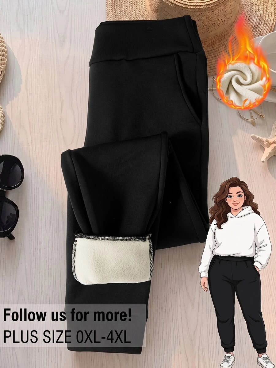 Rusticease Plus Size Black Pocket Leggings Casual Baggy Streetwear Fall Winter 2026 Home Beach - Black - View 1