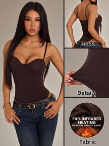 SHEIN PETITE Comfortable Brown Fitted Knit Camisole Bodysuit For Petite Women. - Brown - View 3