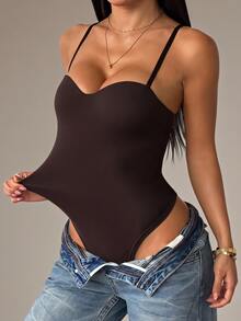 SHEIN PETITE Comfortable Brown Fitted Knit Camisole Bodysuit For Petite Women. - Brown - View 7
