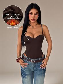 SHEIN PETITE Comfortable Brown Fitted Knit Camisole Bodysuit For Petite Women. - Brown - View 1