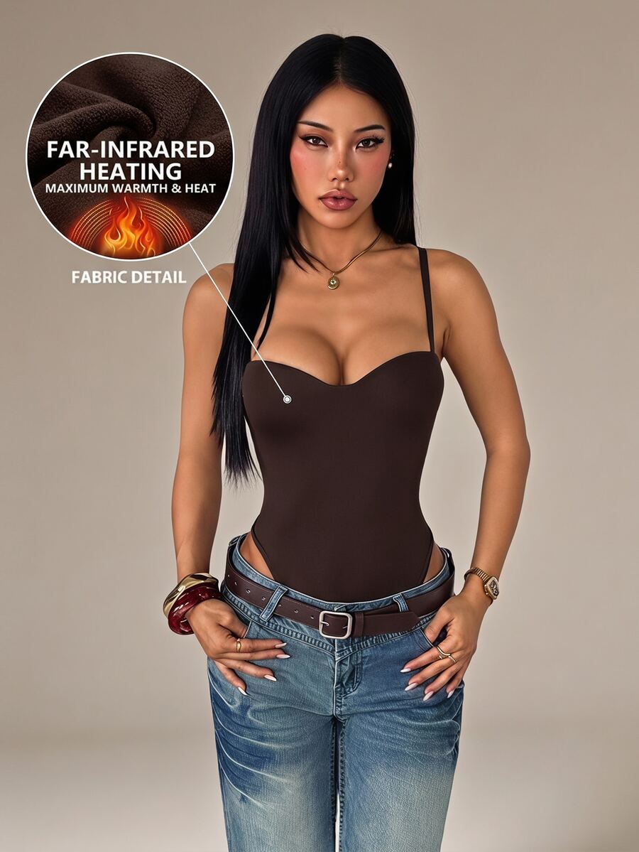 SHEIN PETITE Comfortable Brown Fitted Knit Camisole Bodysuit For Petite Women. - Brown - View 1