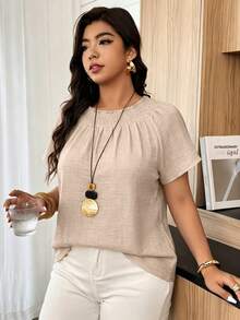 Weeklong Elegant Baggy Beige Shirred Sleeve Shirt, Elasticated Neck Ruffle Detail, Linen-Blend Top, Plus Size Spring Summer Beach Birthday Formal - Khaki - View 8