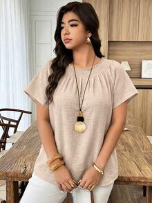 Weeklong Elegant Baggy Beige Shirred Sleeve Shirt, Elasticated Neck Ruffle Detail, Linen-Blend Top, Plus Size Spring Summer Beach Birthday Formal - Khaki - View 6