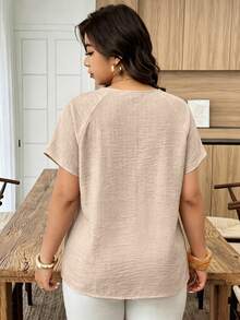 Weeklong Elegant Baggy Beige Shirred Sleeve Shirt, Elasticated Neck Ruffle Detail, Linen-Blend Top, Plus Size Spring Summer Beach Birthday Formal - Khaki - View 3