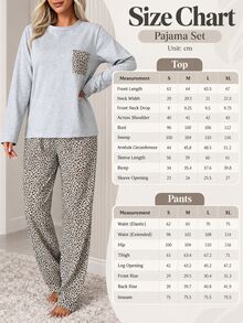 SHEIN Gray Round Neck Long Sleeve Leopard Pocket Top Leopard Print Pants Pajama Set Sleep Home Light Grey Casual - Multicolor - View 4