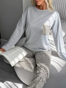 SHEIN Gray Round Neck Long Sleeve Leopard Pocket Top Leopard Print Pants Pajama Set Sleep Home Light Grey Casual - Multicolor - View 5
