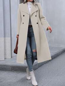Pariaura Double-breasted Waterfall Collar Woolen Coat - Apricot - View 5