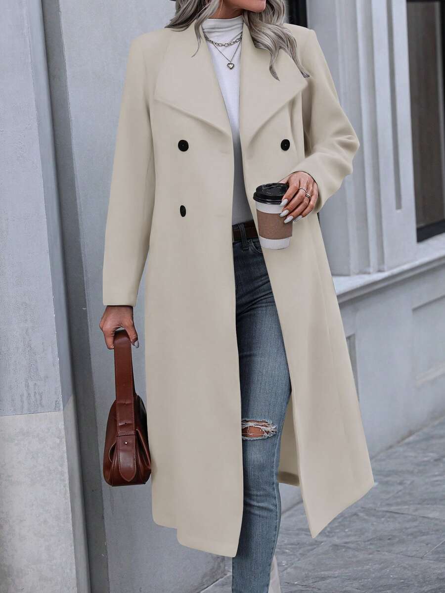 Pariaura Double-breasted Waterfall Collar Woolen Coat - Apricot - View 1