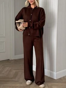 SHEIN Women's Soft Touch Rib Knit Button Front Cardigan And Wide Leg Drawstring Pant Lounge Set - Brown - View 4