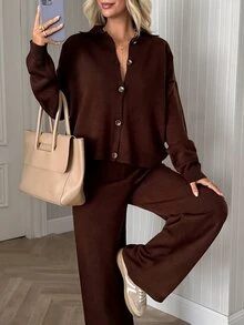 SHEIN Women's Soft Touch Rib Knit Button Front Cardigan And Wide Leg Drawstring Pant Lounge Set - Brown - View 5