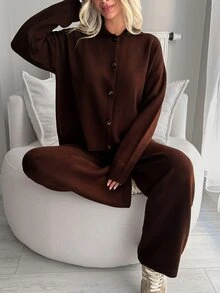 SHEIN Women's Soft Touch Rib Knit Button Front Cardigan And Wide Leg Drawstring Pant Lounge Set - Brown - View 7