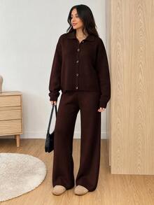 SHEIN Women's Soft Touch Rib Knit Button Front Cardigan And Wide Leg Drawstring Pant Lounge Set - Brown - View 8