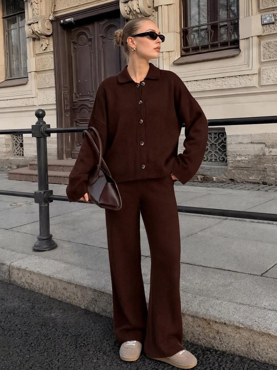 SHEIN Women's Soft Touch Rib Knit Button Front Cardigan And Wide Leg Drawstring Pant Lounge Set - Brown - View 1