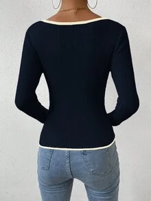 RiviMae Autumn Casual Color Block Trim Fitted Sweater, Long Sleeve Top Knit Pullover Fall Winter - Royal Blue - View 2