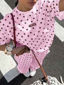 Muchica 大尺碼女款波點短袖上衣與寬腿褲兩件套休閒 90 年代街頭風度假粉色夏季外出穿搭 - 粉色 - 查看 3