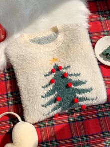 Comfortcana Women Christmas Tree Graphic Sweater Festive Pullover Jumper With Round Neck Long Sleeves For Holid Everyday Holiday White Casual Cute - White - View 3