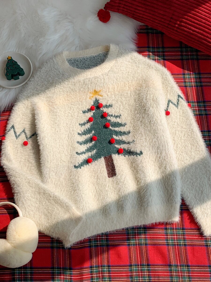Comfortcana Women Christmas Tree Graphic Sweater Festive Pullover Jumper With Round Neck Long Sleeves For Holid Everyday Holiday White Casual Cute - White - View 1