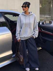 Veykashi 休閒極簡印花連帽長袖寬鬆大尺碼女款運動衫，厚實面料，適合秋冬穿著 - 淺灰色 - 查看 5