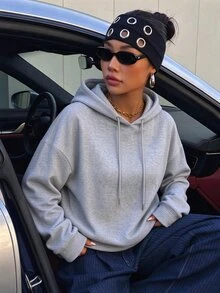 Veykashi 休閒極簡印花連帽長袖寬鬆大尺碼女款運動衫，厚實面料，適合秋冬穿著 - 淺灰色 - 查看 3